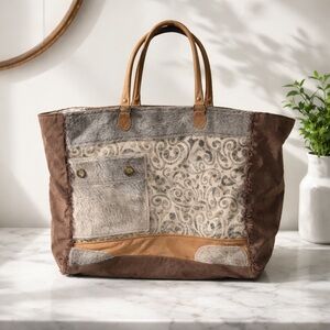 Patchwork Tote Bag - Brown and Gray